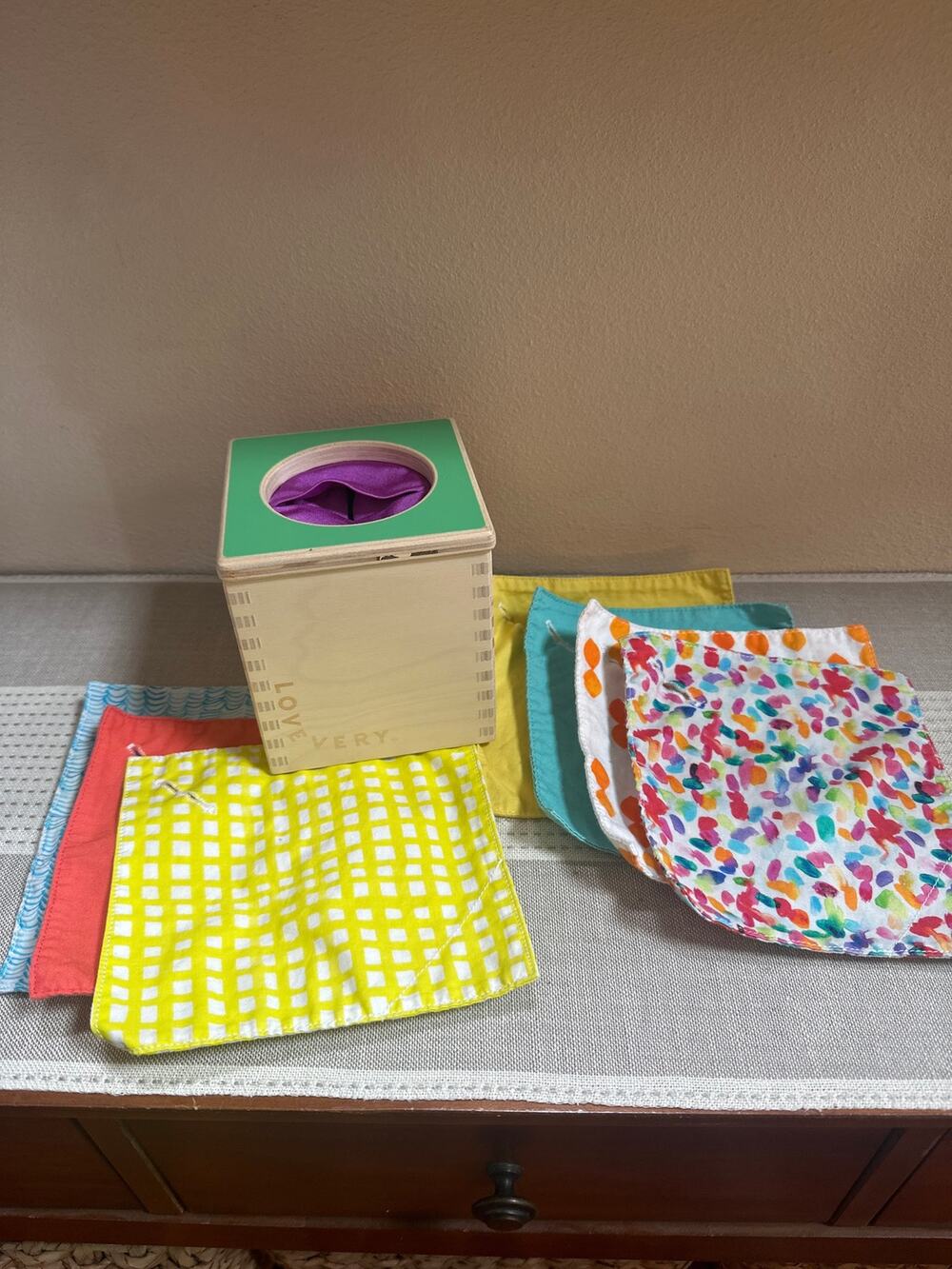 Lovevery Magic Wooden Tissue Box + 7 Cloth Tissues From The Sensory Play Toy Kit